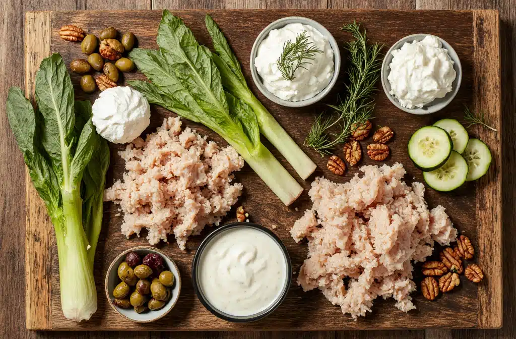 The Ultimate High Protein Chicken Salad Recipe: Healthy, Creamy & Delicious 2 Fresh and wholesome ingredients laid out ready to prepare a high protein chicken salad recipe.