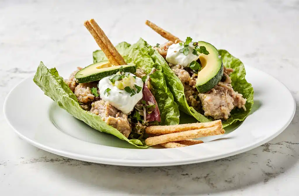 The Ultimate High Protein Chicken Salad Recipe: Healthy, Creamy & Delicious 4 Healthy serving suggestion for high protein chicken salad wrapped in lettuce leaves with avocado slices and veggie sticks.