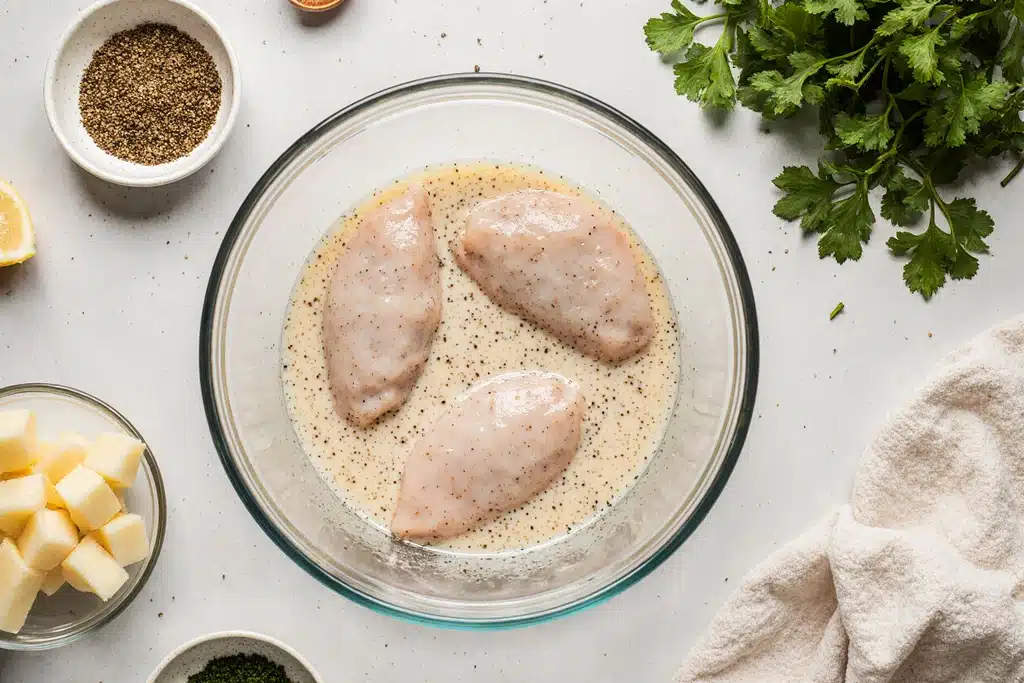 The Ultimate Crispy Cornflake Chicken Tenders (Baked or Air Fryer!) 12 Cornflake chicken tenders marinating in buttermilk bowl