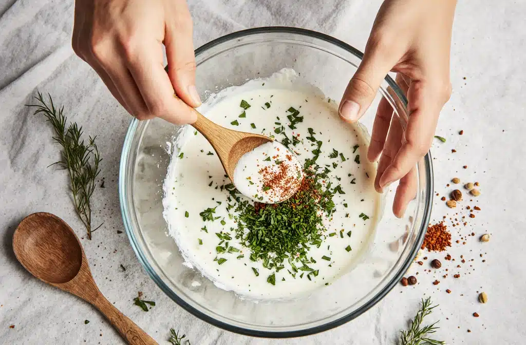 The Ultimate High Protein Chicken Salad Recipe: Healthy, Creamy & Delicious 3 Step-by-step preparation showing the mixing of Greek yogurt and herbs to create the creamy dressing for high protein chicken salad.