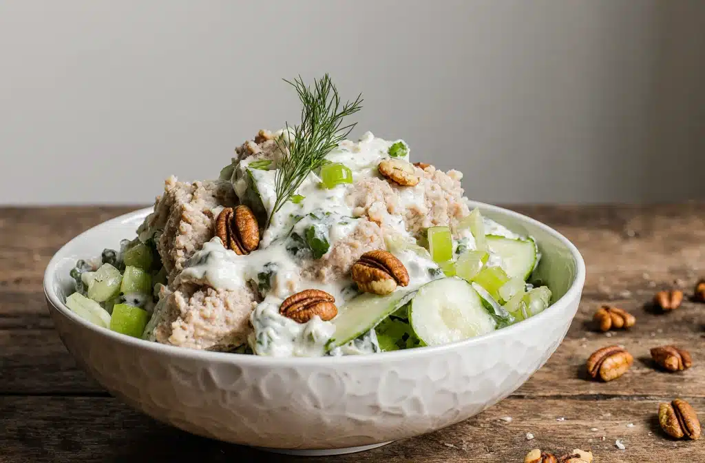 A colorful, healthy high protein chicken salad with fresh veggies and creamy dressing, perfect for nutritious meals.