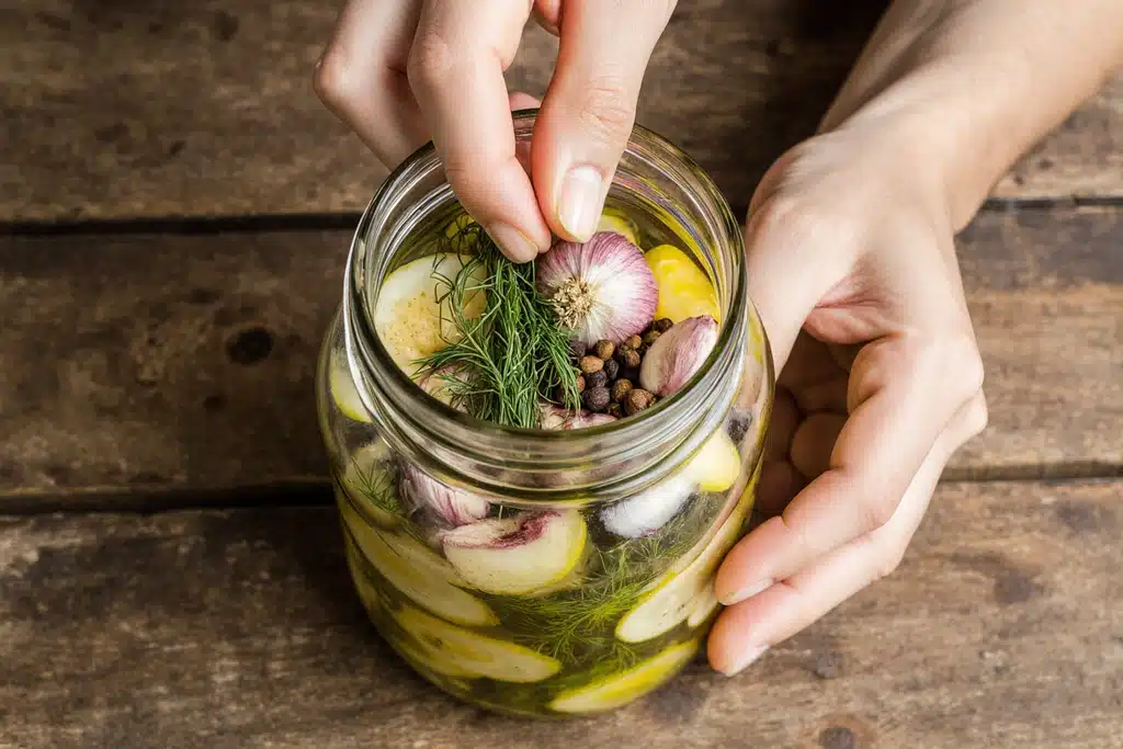 Quick Pickle Recipe: Ready in 30 Minutes with Crunchy Flavor 12 Spices and herbs being added to jar for quick pickle recipe