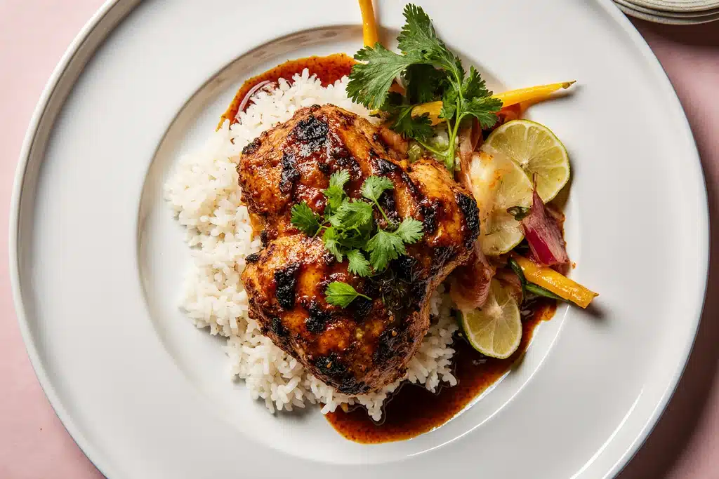 Plate of moe's adobo chicken with rice and vegetables