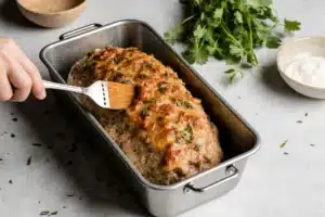 Melt in Your Mouth Garlic Parmesan Chicken Meatloaf: Easy, Healthy, and Family-Approved 8 : Brushing glaze on garlic parmesan chicken meatloaf before baking