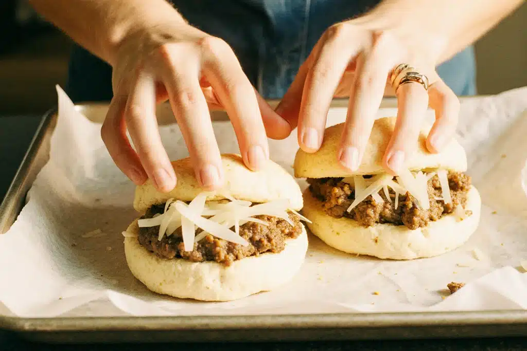 Step-by-step preparation of garlic parmesan cheeseburger bombs with biscuit dough and filling