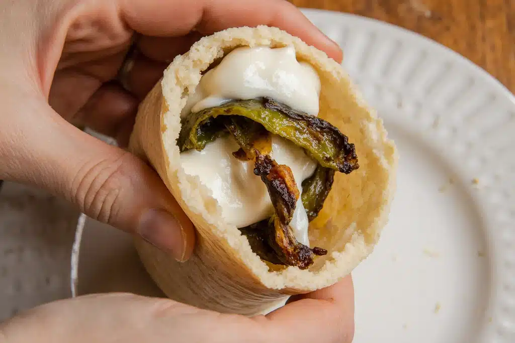 Assembling tamales de rajas con queso with masa, roasted rajas, and cheese on corn husk