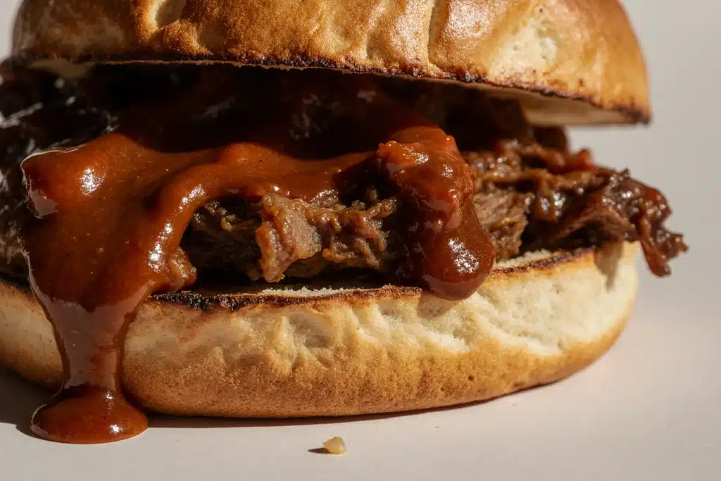 Ultimate Brisket Sandwich Recipe: How to Make the Best Leftover & Smoked Brisket Sandwich 5 BBQ sauce on bun brisket sandwich