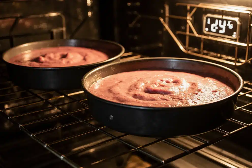 Easy Paula Deen Strawberry Cake Recipe with Creamy Strawberry Frosting 14 Strawberry cake batter baking in cake pans inside the oven for Paula Deen strawberry cake
