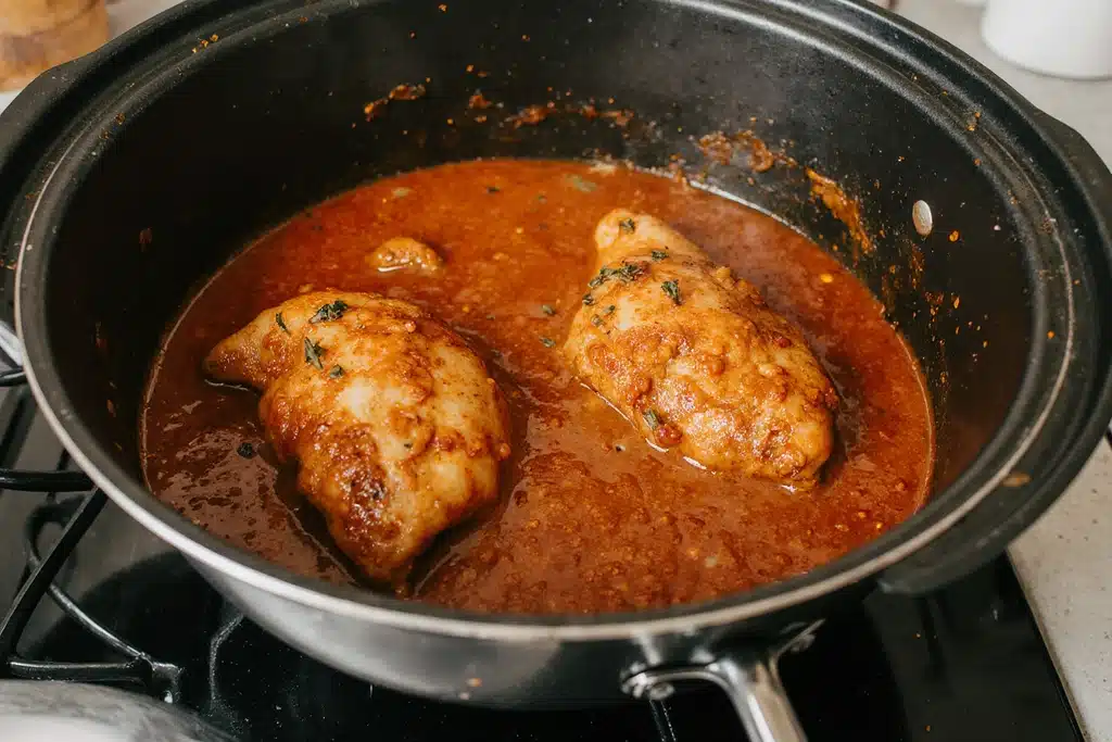 Chicken Birria Tacos Recipe: Authentic Mexican Flavor (Oven, Instant Pot & Slow Cooker) 7 Chicken braising in adobo sauce for birria tacos