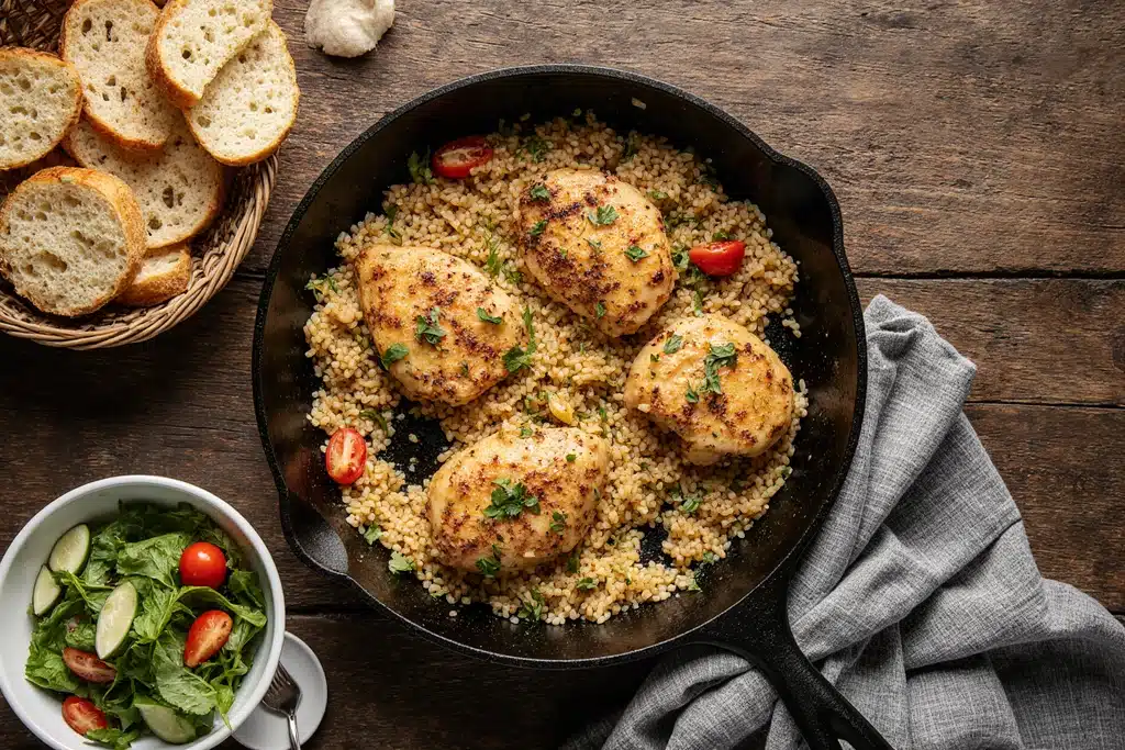 Chicken Scampi with Garlic Parmesan Rice (Easy One-Pan Recipe) 5 Chicken Scampi with Garlic Parmesan Rice dinner served