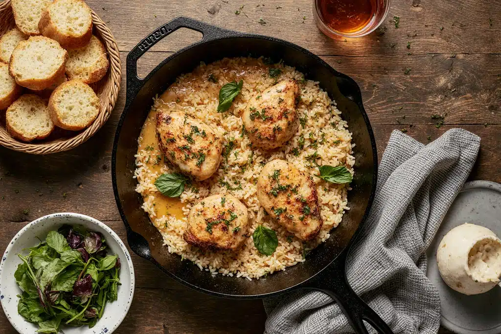 Chicken Scampi with Garlic Parmesan Rice (Easy One-Pan Recipe) 1 Chicken Scampi with Garlic Parmesan Rice in skillet