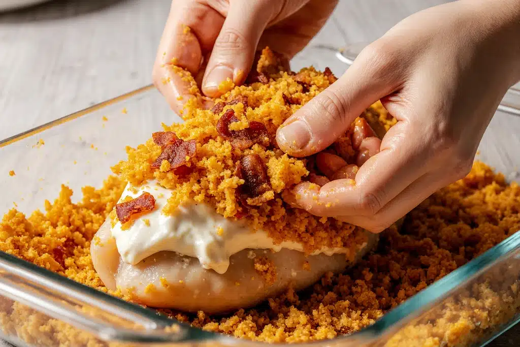 Bacon & Cream Cheese Stuffed Doritos Recipe 6 Coating chicken with crushed doritos for cream cheese and bacon stuffed doritos chicken