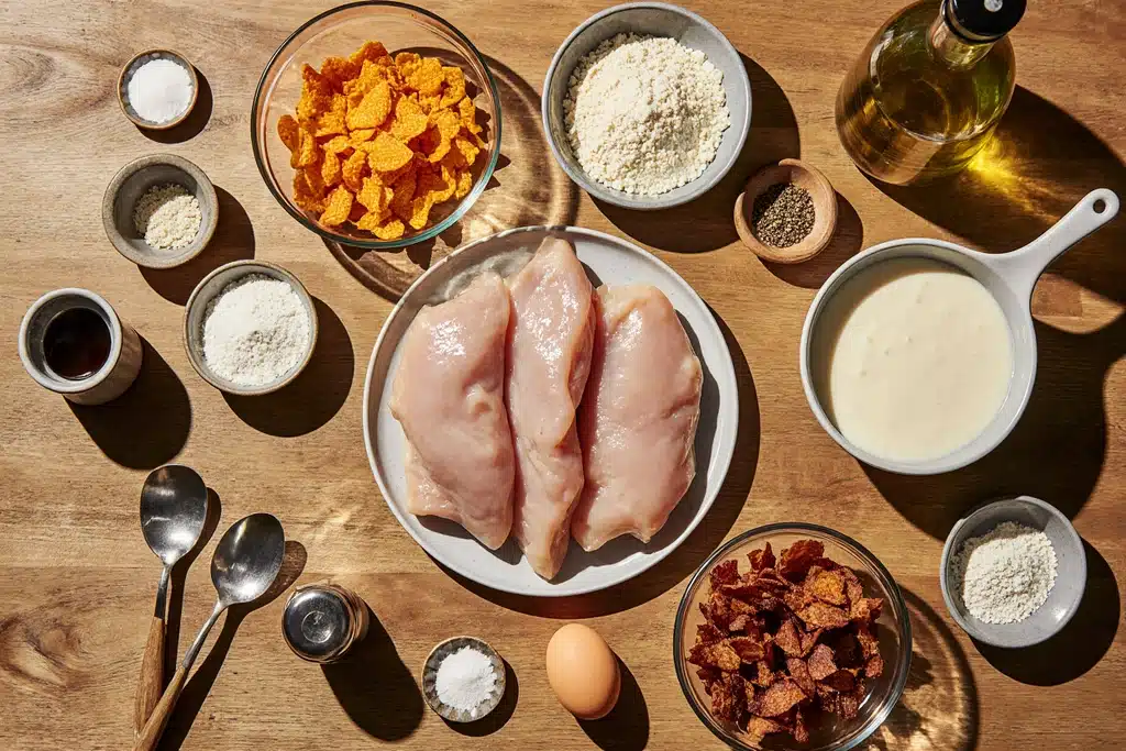 Bacon & Cream Cheese Stuffed Doritos Recipe 2 Cream cheese and bacon stuffed doritos chicken ingredients laid out on wooden counter