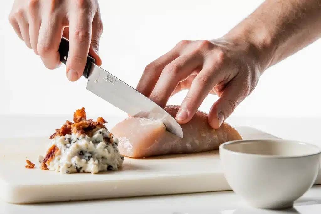 Bacon & Cream Cheese Stuffed Doritos Recipe 3 Cutting chicken breast pocket for cream cheese and bacon stuffed doritos chicken