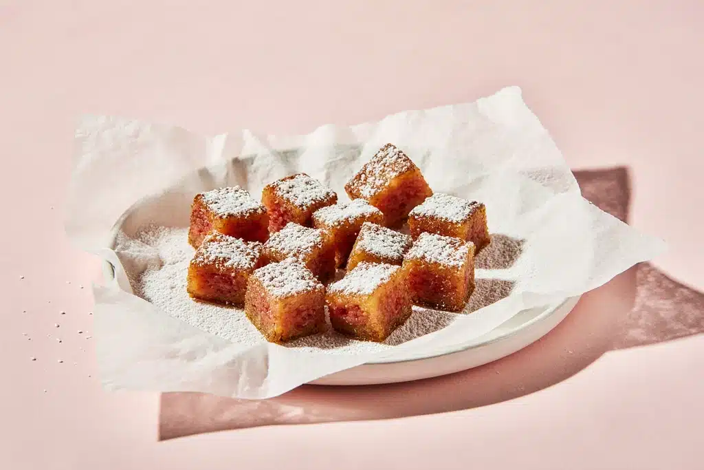 Fried watermelon pieces draining and sprinkled with powdered sugar