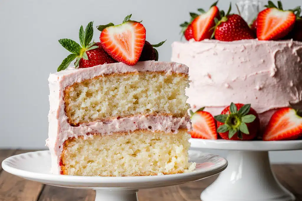 Easy Paula Deen Strawberry Cake Recipe with Creamy Strawberry Frosting 1 Slice of Paula Deen strawberry cake with strawberry cream cheese frosting and fresh strawberry garnish
