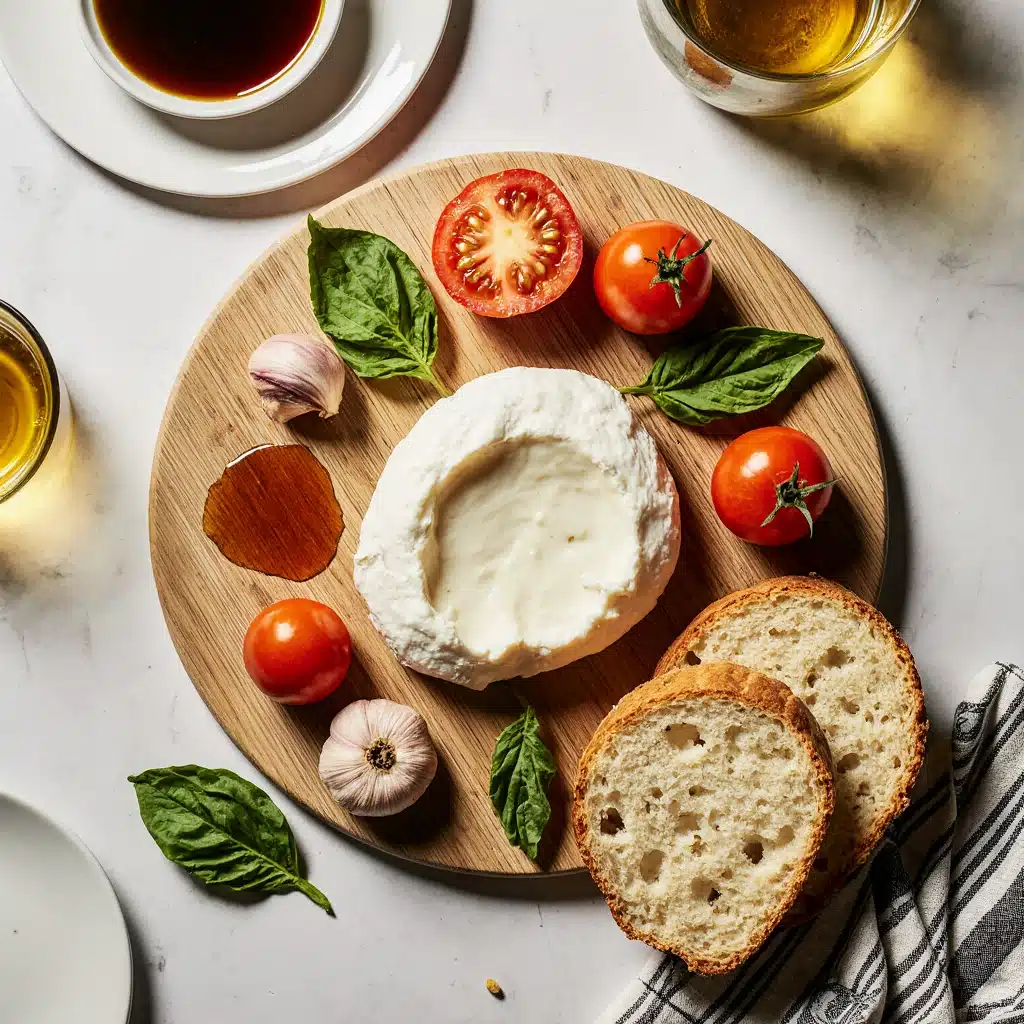 Ingredients for burrata bruschetta including burrata cheese, cherry tomatoes, basil, garlic, and rustic bread