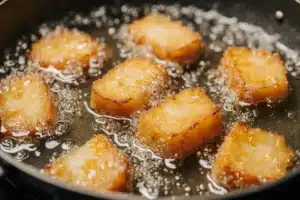 Golden fried watermelon sizzling in oil for fried watermelon recipe
