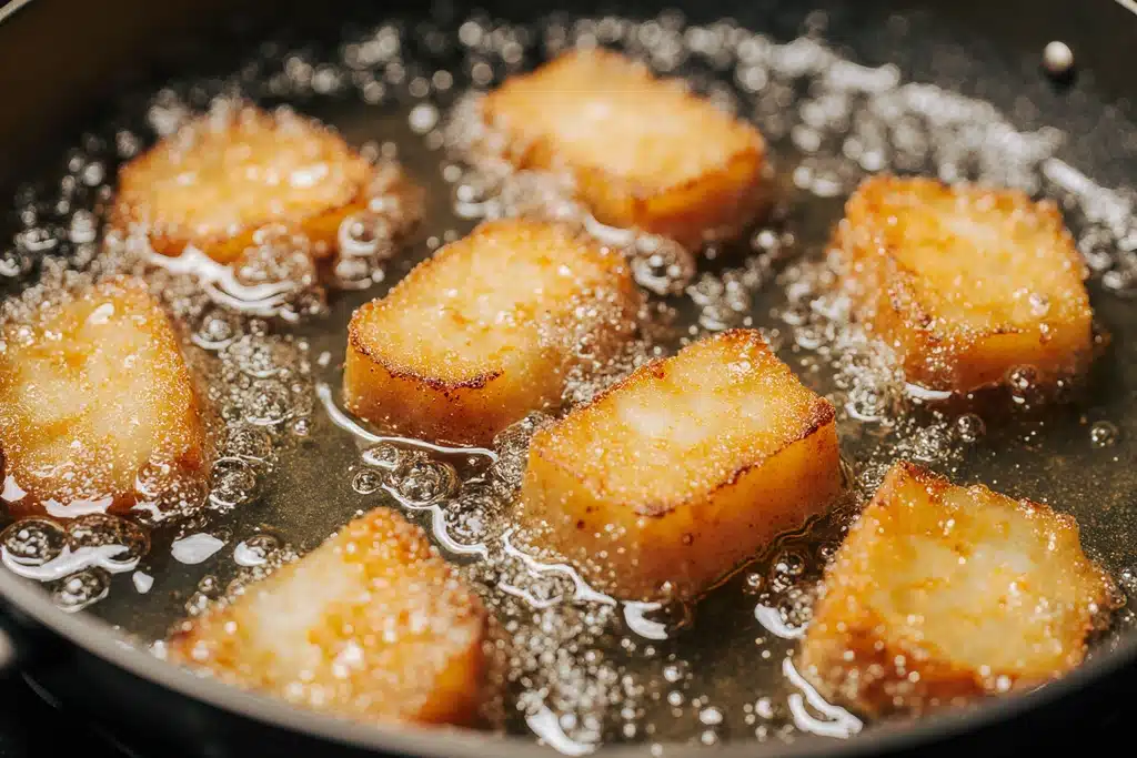 Golden fried watermelon sizzling in oil for fried watermelon recipe