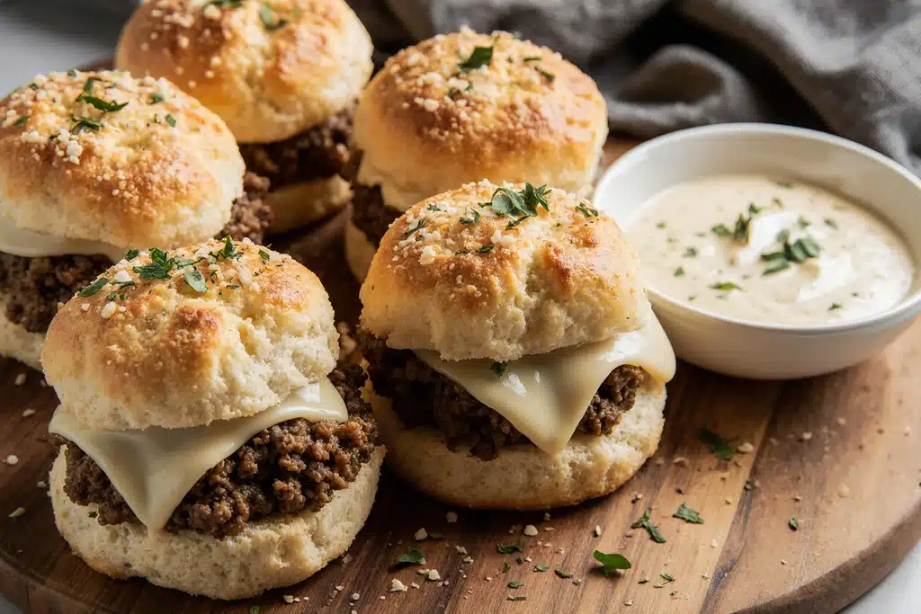 Garlic parmesan cheeseburger bombs fresh from the oven on wooden platter with garlic aioli
