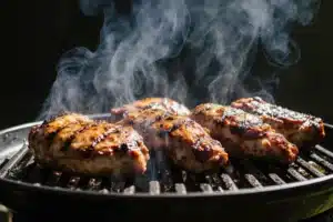 Searing moes adobo chicken​ on grill with smoky flare