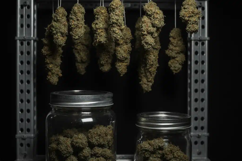 Ice Cream Cake Strain: Complete Guide & Grow Tips for 2025 13 Ice Cream Cake strain buds hanging to dry and curing in jars with humidity control