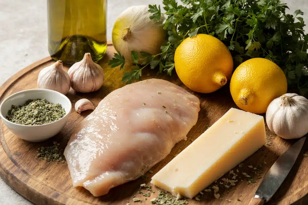 Chicken Scampi with Garlic Parmesan Rice (Easy One-Pan Recipe) 2 A complete comforting meal presentation featuring chicken scampi with garlic parmesan rice served alongside classic garlic bread and fresh salad.