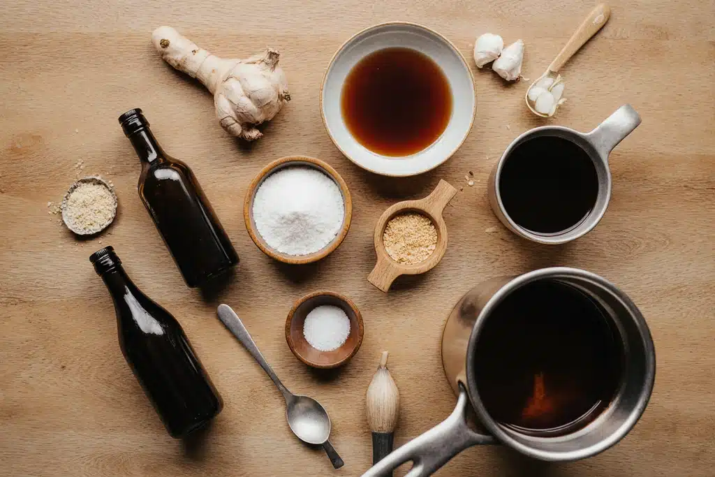 Authentic Omakase Sauce Recipe | Easy Japanese Sushi Sauce 12 Key ingredients of omakase sauce on kitchen counter