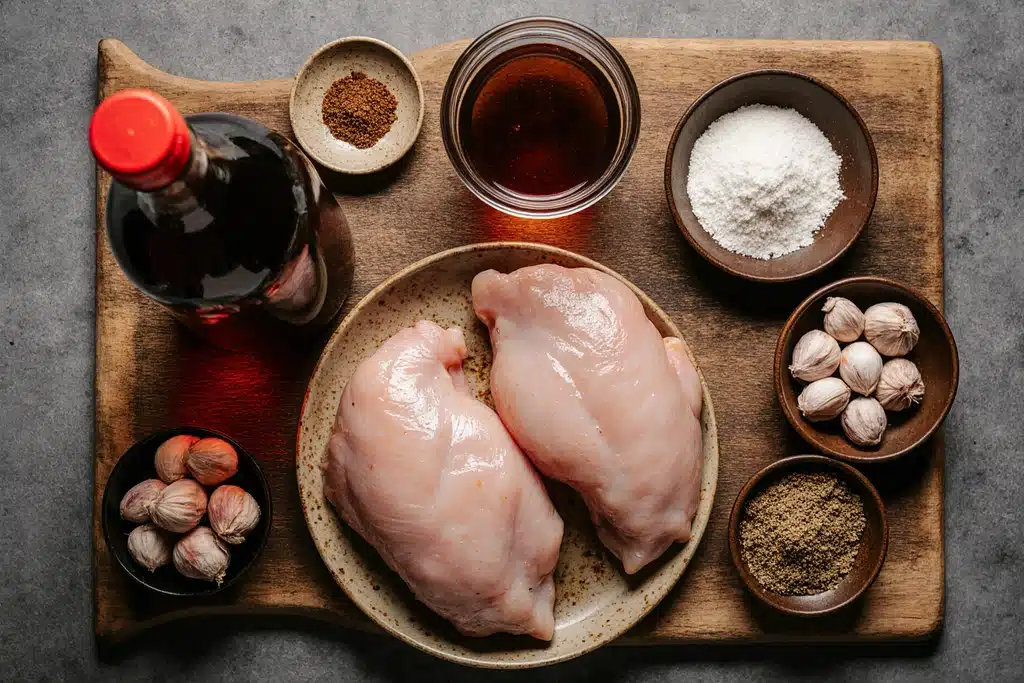 Ingredients arranged for moes adobo chicken​ recipe