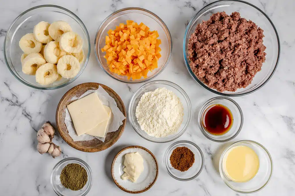 Ingredients for garlic parmesan cheeseburger bombs arranged neatly on countertop