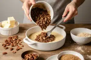 Image showing the step 'Layer the Filling in the Baking Dish' in making a pecan pie dump cake recipe .