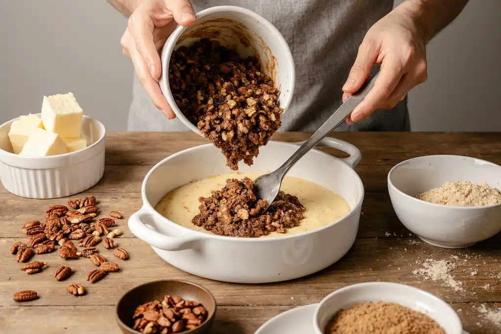 Image showing the step 'Layer the Filling in the Baking Dish' in making a pecan pie dump cake recipe .