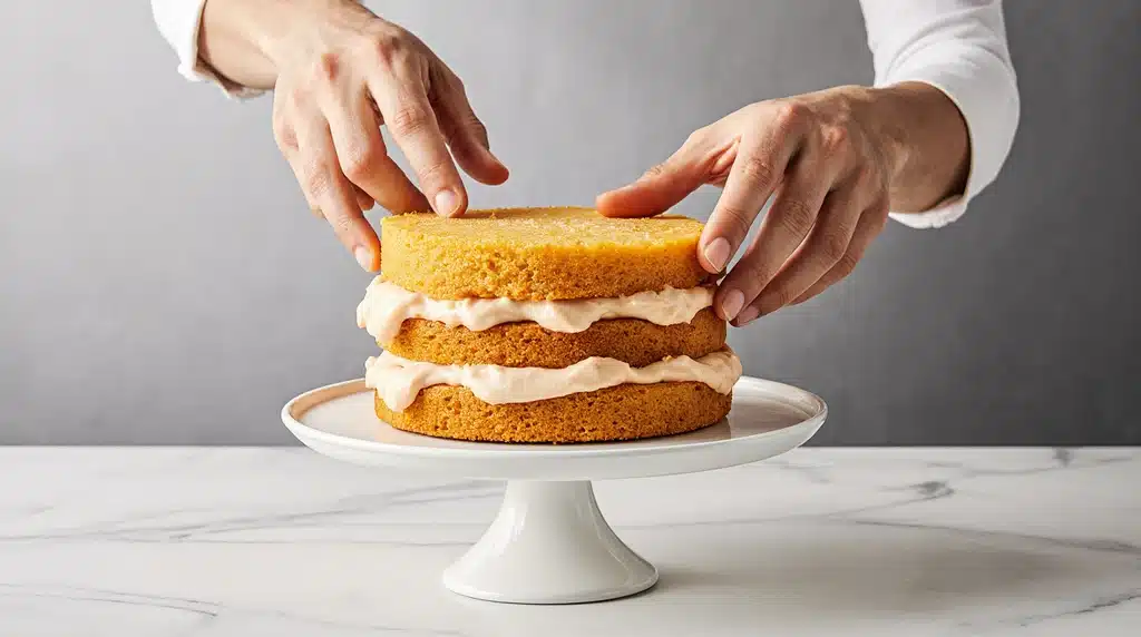 Layering Orange Dreamsicle Cake with orange cream filling