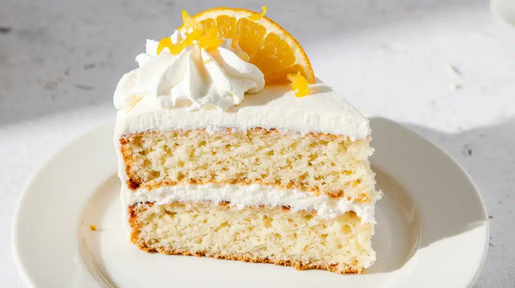 Light Angel Food Orange Dreamsicle Cake slice with whipped cream