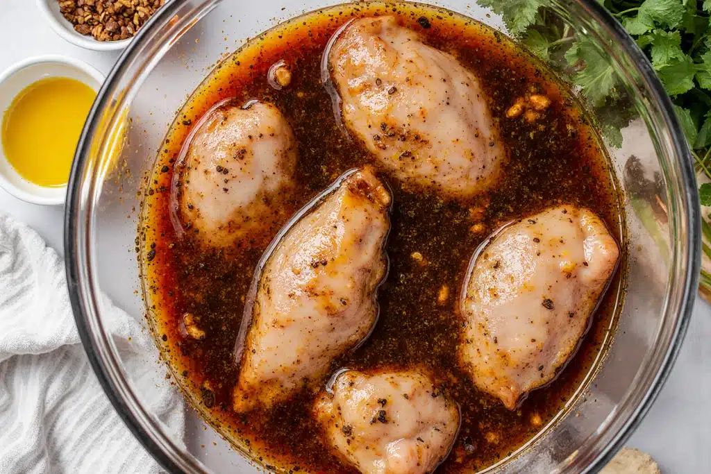 How to Make moe's adobo chicken: The Perfect Copycat Recipe for Authentic Flavor 4 Raw chicken marinating for moe's adobo chicken