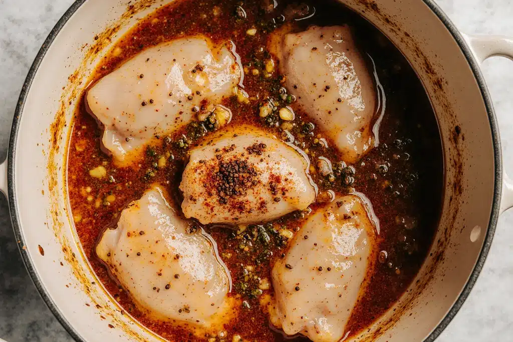 Raw chicken marinating in soy-vinegar mixture for moes adobo chicken​