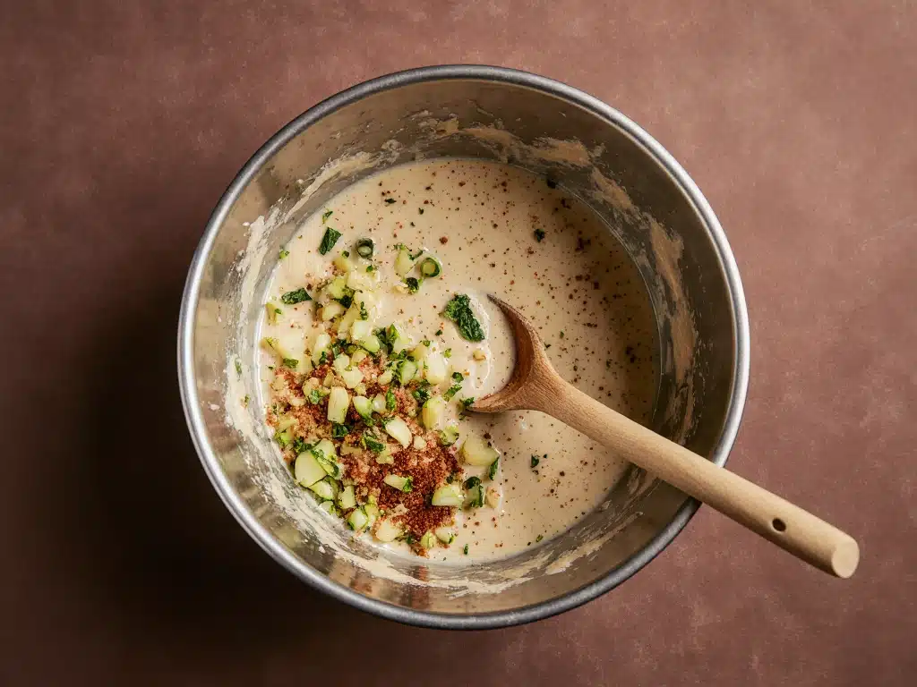 How to Make Crispy Parmesan Zucchini Potato Muffins (That Are Never Soggy) 3 Mixing batter for crispy parmesan zucchini potato muffins showing zucchini and potatoes