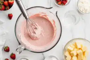 Easy Paula Deen Strawberry Cake Recipe with Creamy Strawberry Frosting 6 Pink strawberry cake batter being mixed with an electric mixer for Paula Deen strawberry cake