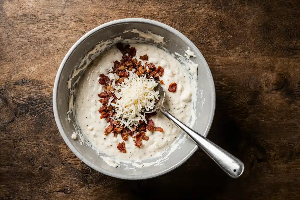 Bacon & Cream Cheese Stuffed Doritos Recipe 4 Mixing cream cheese and bacon filling for stuffed doritos chicken