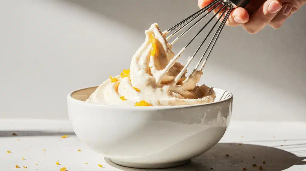 Preparing orange cream cheese frosting for Orange Dreamsicle Cake