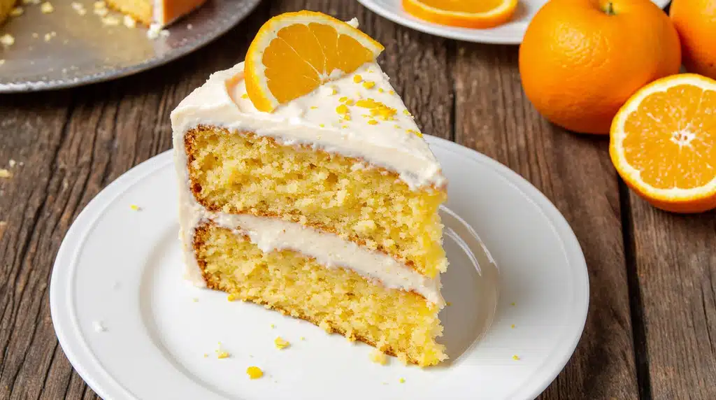 Orange Dreamsicle Cake slice with orange cream cheese frosting and orange layers