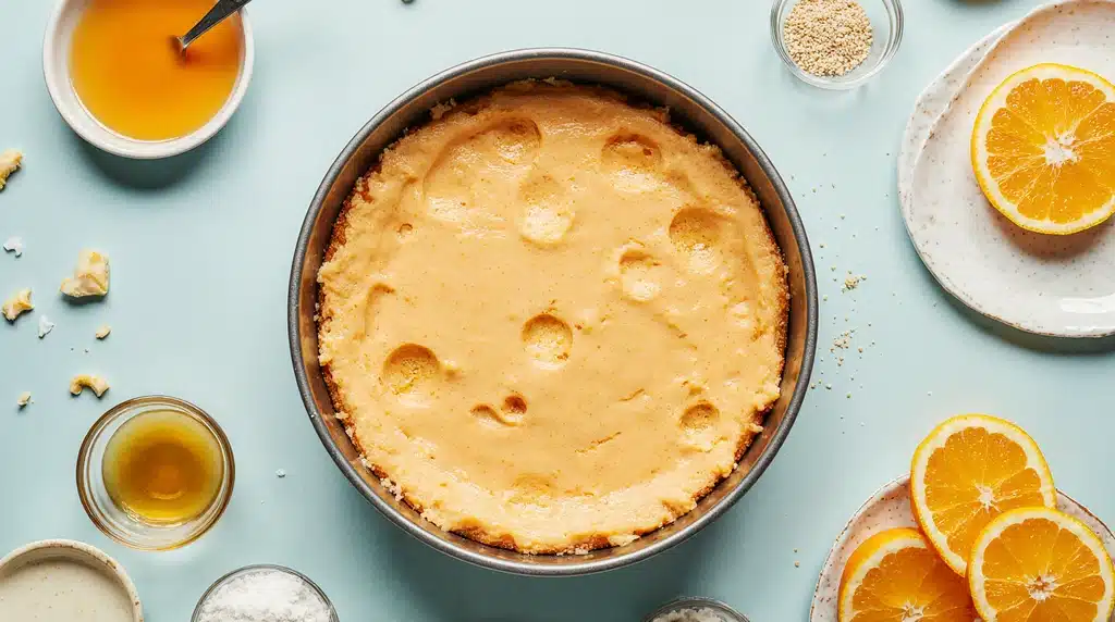 Orange Dreamsicle Poke Cake freshly made in a baking pan