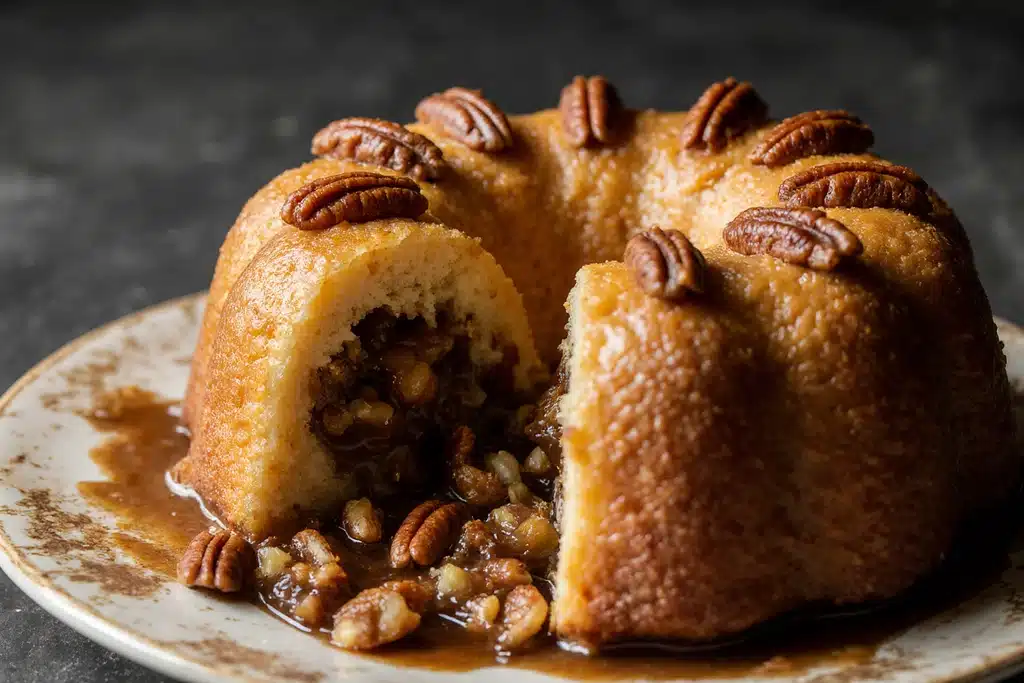 Freshly baked pecan pie dump cake with golden crust and gooey pecan filling
