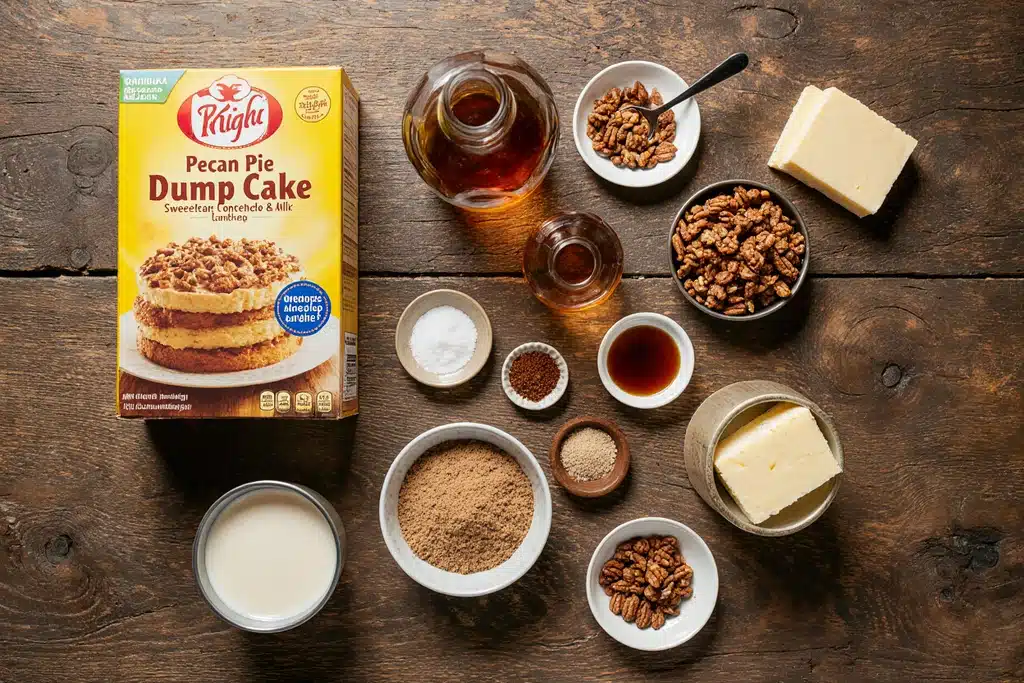 Ingredients laid out for pecan pie dump cake recipe