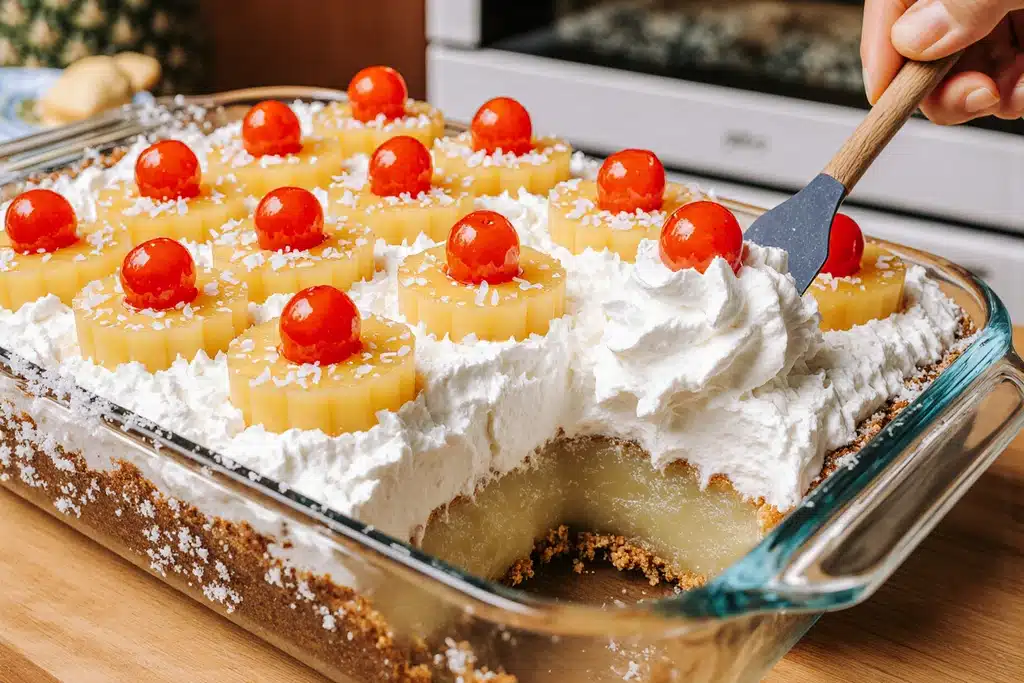Pineapple Heaven Cake recipe topped with pineapple slices and whipped cream