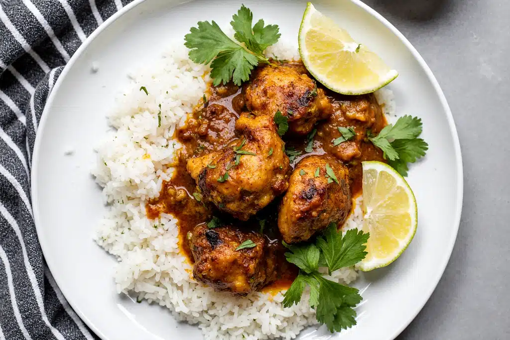 Plated moes adobo chicken​ with rice and garnishes