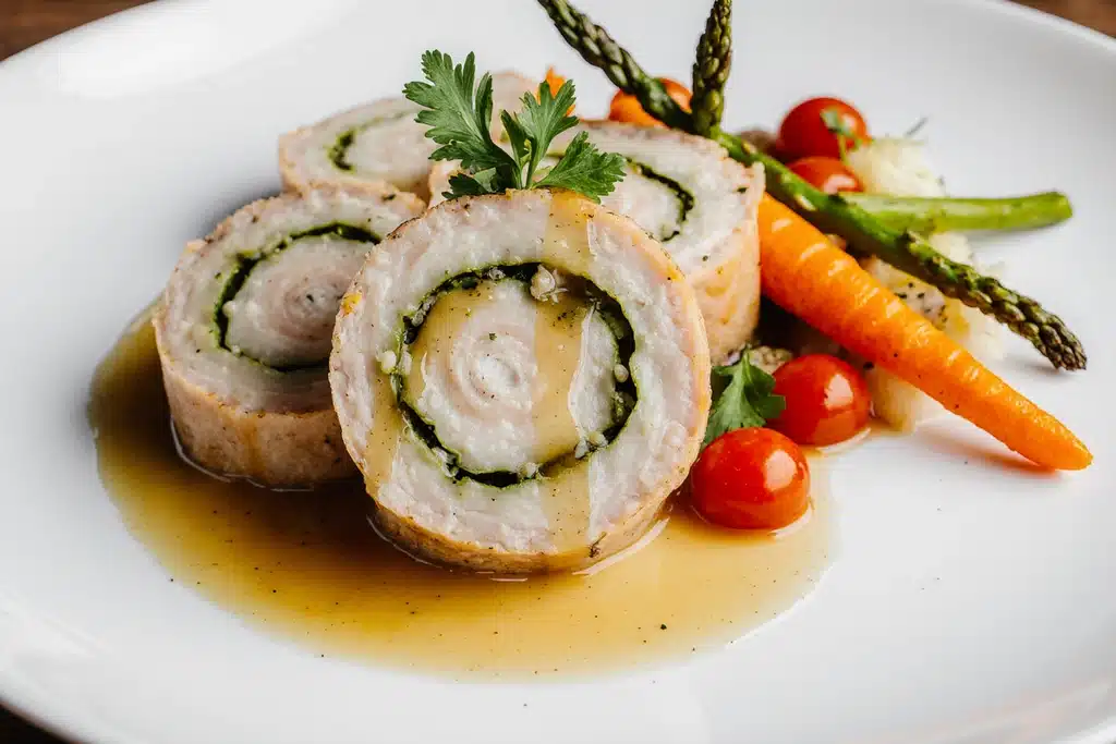 Chicken Roulade sliced with sauce and vegetable sides
