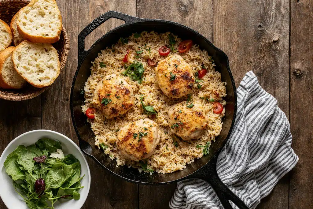 Chicken Scampi with Garlic Parmesan Rice (Easy One-Pan Recipe) 4 Plated Chicken Scampi with Garlic Parmesan Rice served