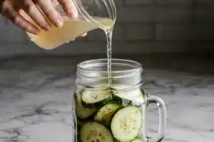 Quick Pickle Recipe: Ready in 30 Minutes with Crunchy Flavor 8 Pouring pickling brine over vegetables in jar for quick pickle recipe