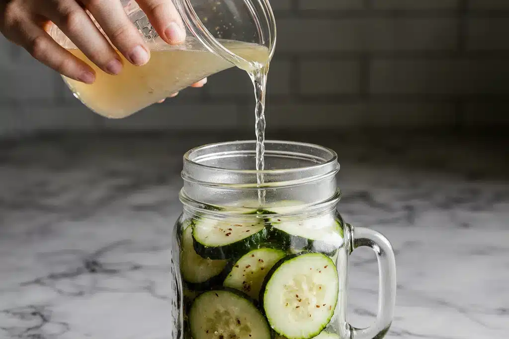 Quick Pickle Recipe: Ready in 30 Minutes with Crunchy Flavor 15 Pouring pickling brine over vegetables in jar for quick pickle recipe